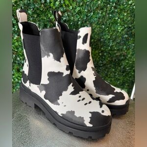 New Chunky Black and white Cow Print Boots